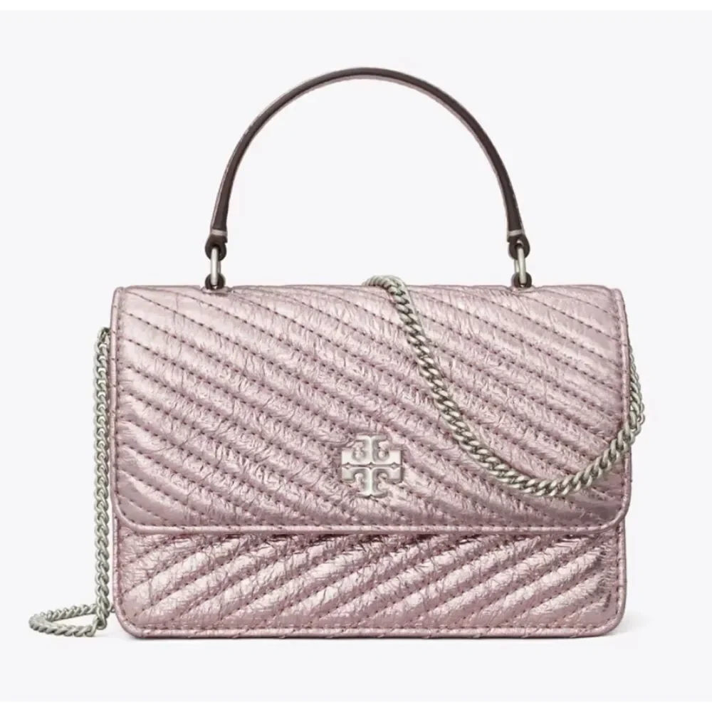 TORY‎ BURCH MINI KIRA MOTO QUILT METALLIC TOP-HANDLE CROSSBODY, SPARKLE PINK